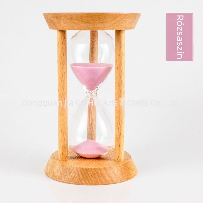 Háromoszlopos kerek homokóra, bükkfa, modern művészet stílus, félig kézi, félig mechanikus asztali dekor