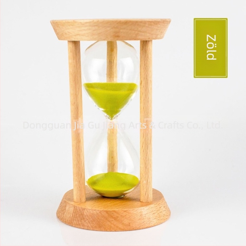 Háromoszlopos kerek homokóra, bükkfa, modern művészet stílus, félig kézi, félig mechanikus asztali dekor