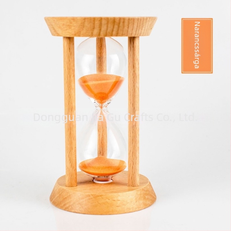 Háromoszlopos kerek homokóra, bükkfa, modern művészet stílus, félig kézi, félig mechanikus asztali dekor