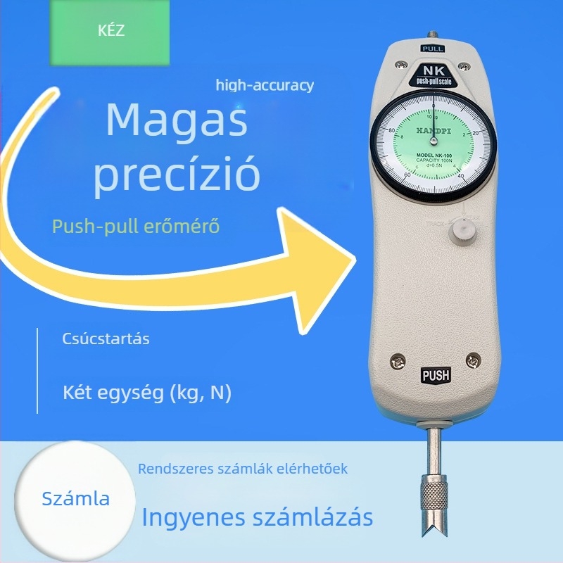 Mutatós dinamométer, nyomó-húzó típusú, modell NK20N, kapacitás 2 kg, pontosság 1%, mérési tartomány 0-500 N
