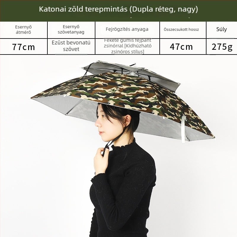 Kettős rétegű szél- és esőálló horgász esernyő fejre szerelhető kivitelben, összecsukható kültéri használatra