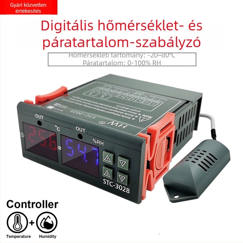 Digitális kijelzős hőmérséklet- és páratartalom-szabályozó, intelligens (Légmérés, Beépítés típusa: rögzített, Feszültség: 220/12/24 V)