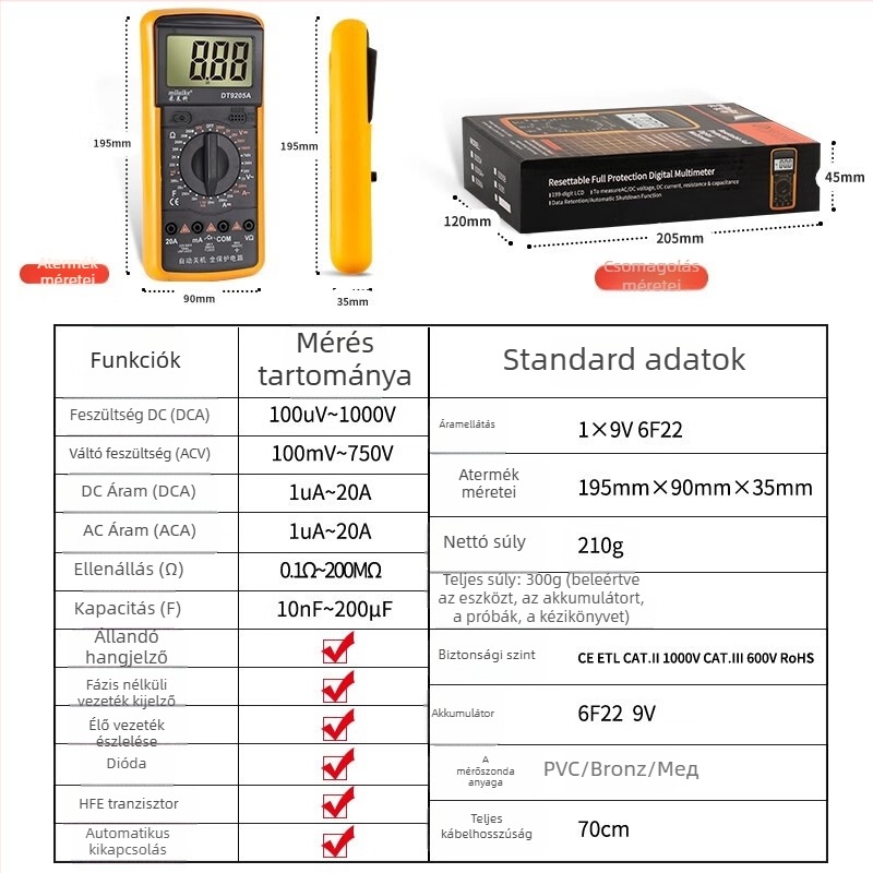 MILAIKE DT9205A Magas Pontosságú Okos Digitális Multiméter Automatikus Kikapcsolással