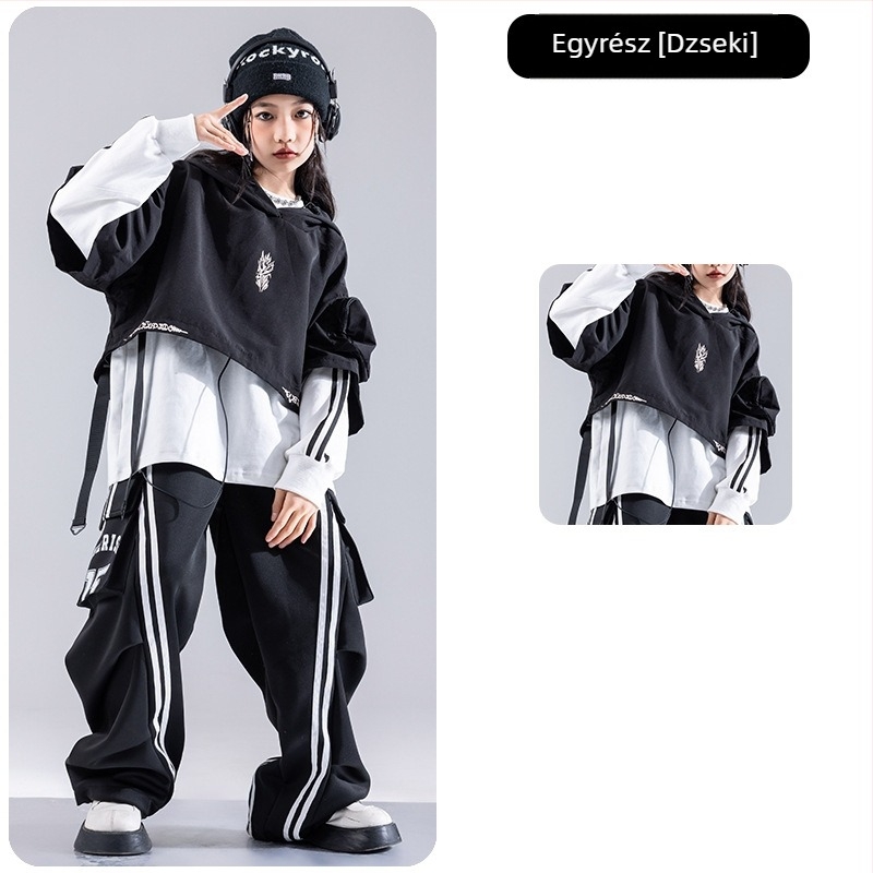 Gyerekeknek szóló hip-hop tánc előadás ruhája edzésre, téli 2024 kollekció, puha kezelésű anyag, 80% poliészter pamut keverék, 3–8 éveseknek (100–140 cm)