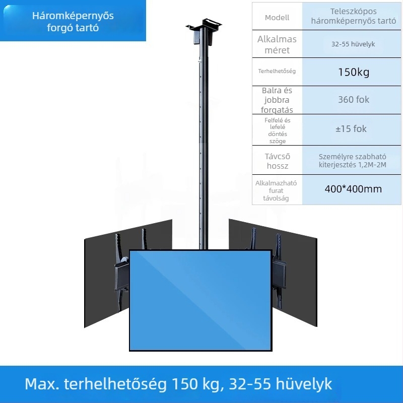 Mennyezeti TV-tartó többképernyős kijelzőkhöz, vas keret, falra szerelhető, 15 kg-ig terhelhető, univerzális mindent-in-egyben kiegészítő