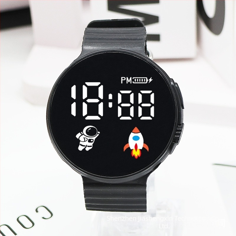 Digitális kijelzős karóra diákoknak és tiniknek, kör alakú számlap, műanyag tok, műanyag szíj, elektronikus mozgás
