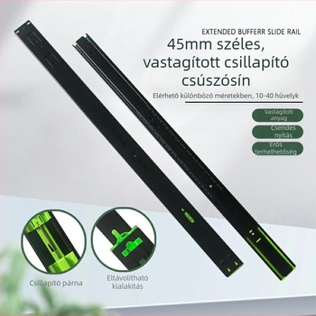 Háromrészes csúszó sín szekrényekhez és fiókokhoz, csillapítóval, halk mozgás; Anyag: hidegen hengerelt acél; Felület: elektroforetikus bevonat; Alkalmazás: szekrények, fiókok és billentyűzet-tálcák