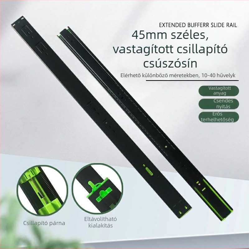 Háromrészes csúszó sín szekrényekhez és fiókokhoz, csillapítóval, halk mozgás; Anyag: hidegen hengerelt acél; Felület: elektroforetikus bevonat; Alkalmazás: szekrények, fiókok és billentyűzet-tálcák