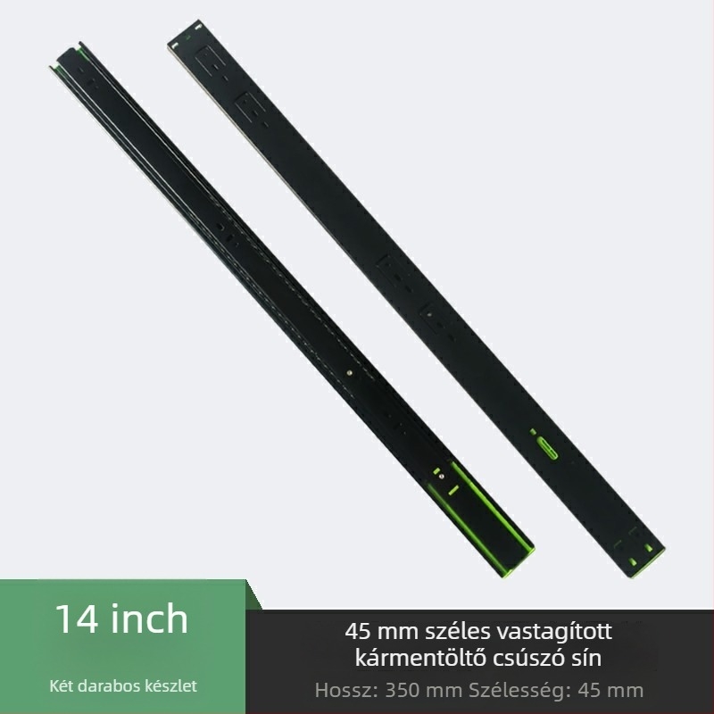 Háromrészes csúszó sín szekrényekhez és fiókokhoz, csillapítóval, halk mozgás; Anyag: hidegen hengerelt acél; Felület: elektroforetikus bevonat; Alkalmazás: szekrények, fiókok és billentyűzet-tálcák