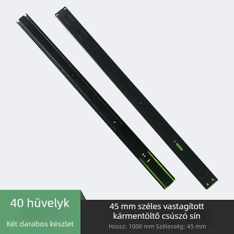 Háromrészes csúszó sín szekrényekhez és fiókokhoz, csillapítóval, halk mozgás; Anyag: hidegen hengerelt acél; Felület: elektroforetikus bevonat; Alkalmazás: szekrények, fiókok és billentyűzet-tálcák