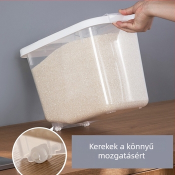 Camellia műanyag rizstároló, háztartási rizs és gabonafélék tárolója, zárható, nedvesség- és rovarálló, 9–10 literes kapacitás, modern minimalist dizájn