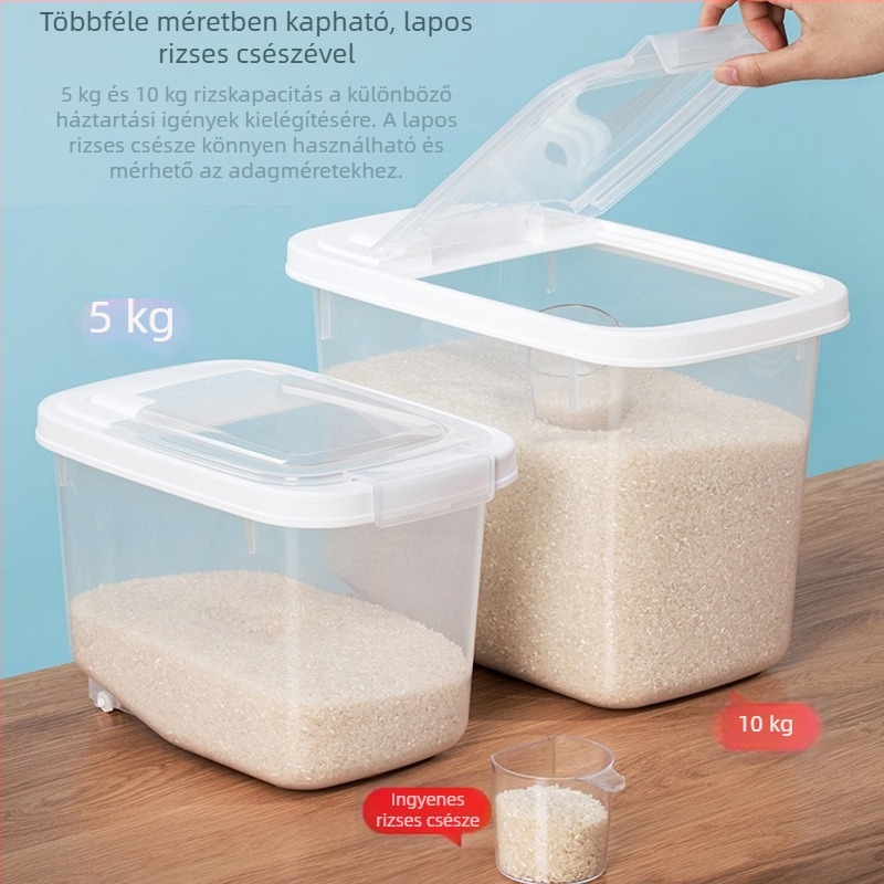 Camellia műanyag rizstároló, háztartási rizs és gabonafélék tárolója, zárható, nedvesség- és rovarálló, 9–10 literes kapacitás, modern minimalist dizájn
