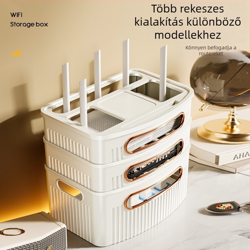 Router tároló doboz, 4 rétegű, asztali kivitel, műanyagból, iroda, hálószoba és nappali számára