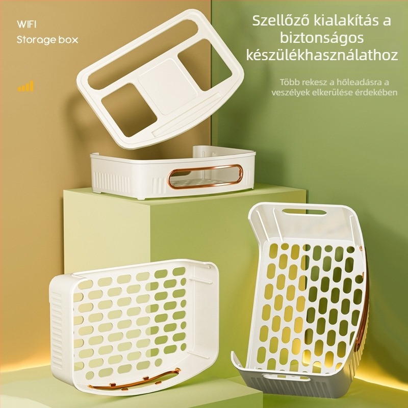 Router tároló doboz, 4 rétegű, asztali kivitel, műanyagból, iroda, hálószoba és nappali számára