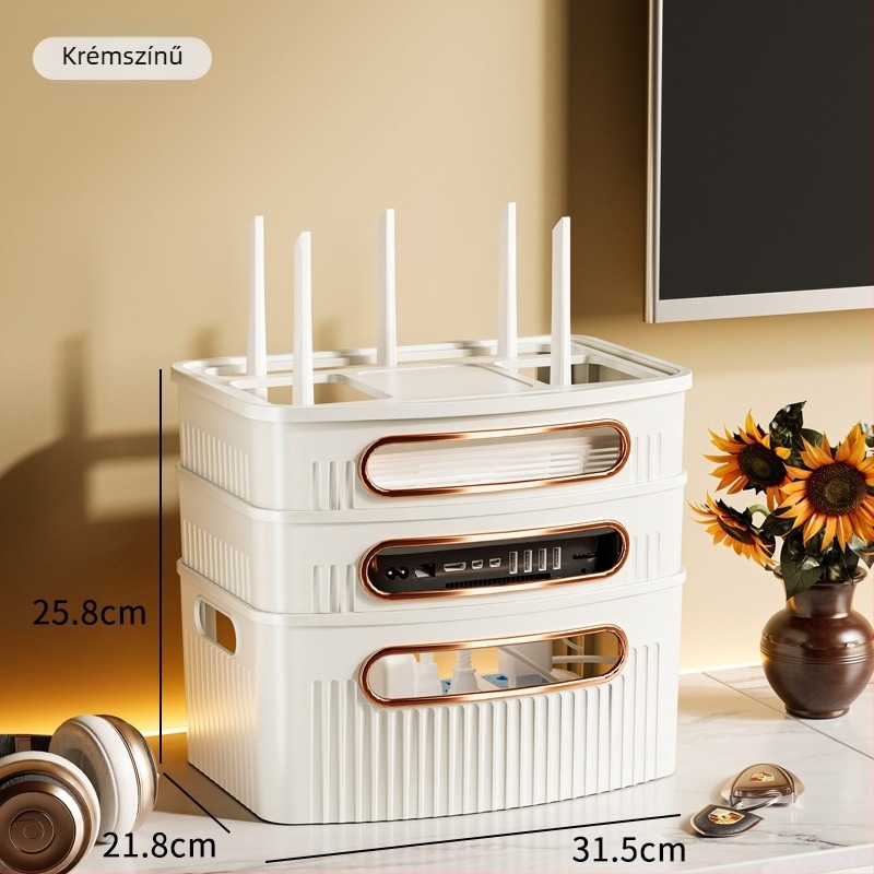 Router tároló doboz, 4 rétegű, asztali kivitel, műanyagból, iroda, hálószoba és nappali számára