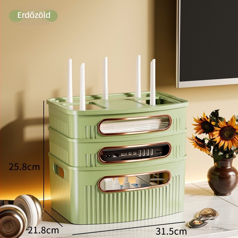 Router tároló doboz, 4 rétegű, asztali kivitel, műanyagból, iroda, hálószoba és nappali számára