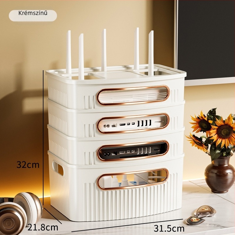 Router tároló doboz, 4 rétegű, asztali kivitel, műanyagból, iroda, hálószoba és nappali számára