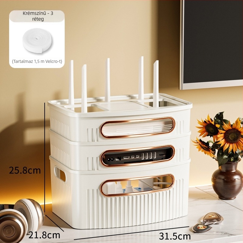 Router tároló doboz, 4 rétegű, asztali kivitel, műanyagból, iroda, hálószoba és nappali számára