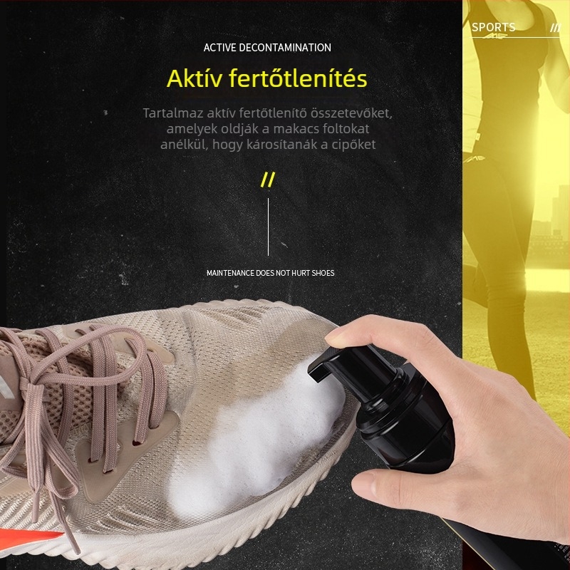 Cipőtisztító készlet száraz tisztító spray-vel, buborék mousse-szal és cipőfényezővel; 48 darab dobozban; modern minimalista stílus; fertőtlenítő funkció