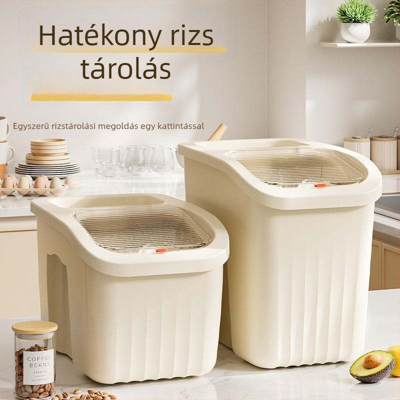 Háztartási rizstároló — nedvesség- és rovarálló; Anyag: PP műanyag; Kapacitás 10 L vagy több; Logónyomtatás elérhető