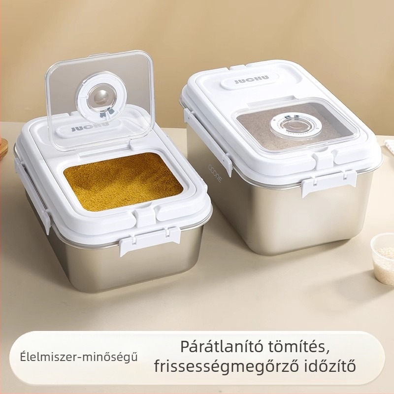 Rizstároló doboz — élelmiszer-minőségű antibakteriális rozsdamentes acél, zárható, nedvességálló és rovarriasztó, 9–10 L kapacitás, modern minimalista dizájn