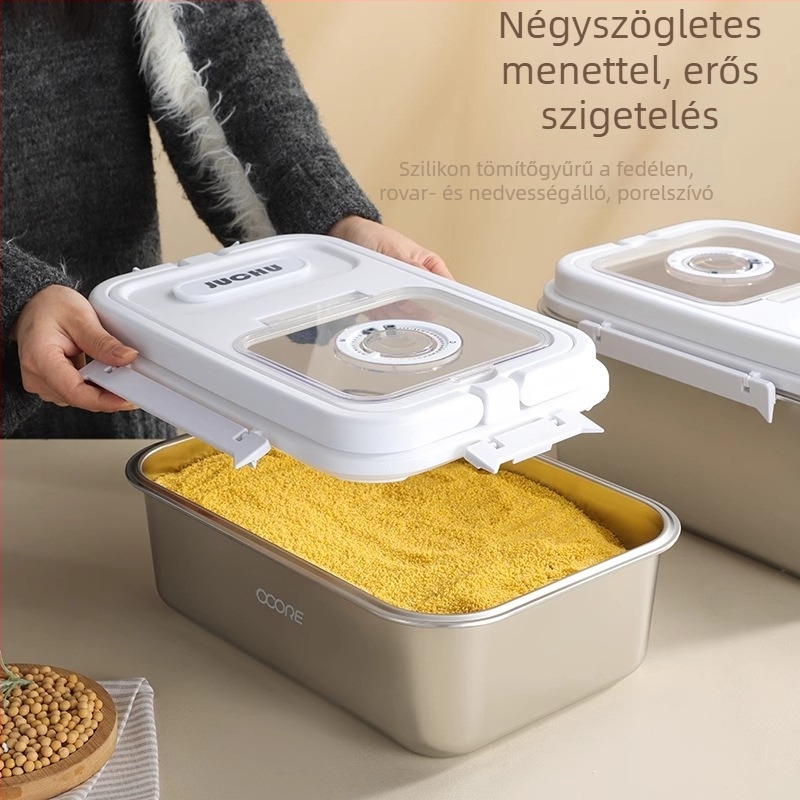 Rizstároló doboz — élelmiszer-minőségű antibakteriális rozsdamentes acél, zárható, nedvességálló és rovarriasztó, 9–10 L kapacitás, modern minimalista dizájn