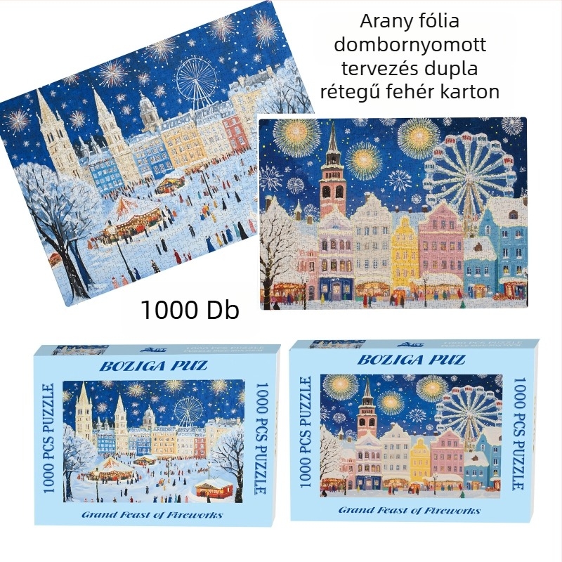 1000 darabos puzzle aranyozott relief dizájnnal, dupla rétegű fehér karton textúrával, DIY karácsonyi puzzle, 2 mm vastagság