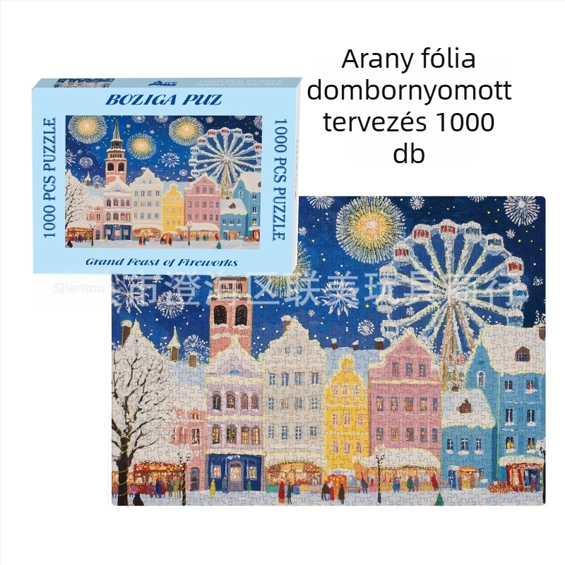 1000 darabos puzzle aranyozott relief dizájnnal, dupla rétegű fehér karton textúrával, DIY karácsonyi puzzle, 2 mm vastagság