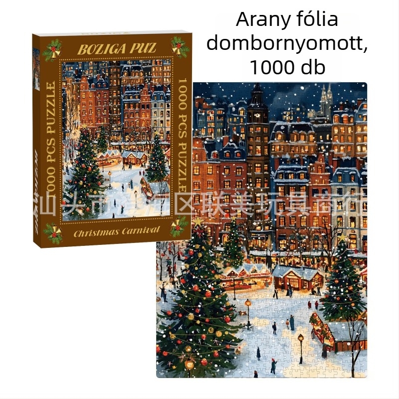 1000 darabos puzzle aranyozott relief dizájnnal, dupla rétegű fehér karton textúrával, DIY karácsonyi puzzle, 2 mm vastagság