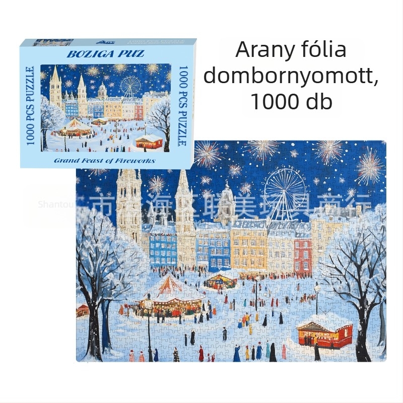 1000 darabos puzzle aranyozott relief dizájnnal, dupla rétegű fehér karton textúrával, DIY karácsonyi puzzle, 2 mm vastagság