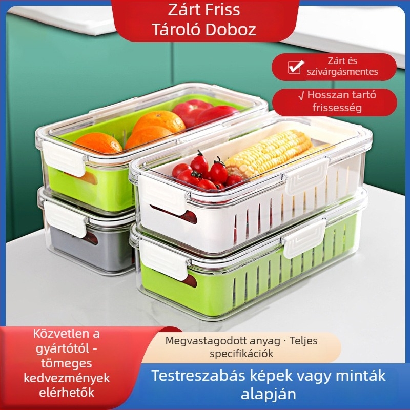 Hűtőbe való crisper doboz – műanyag tároló gyümölcsök és zöldségek számára, drenázs, zárás, hordozható
