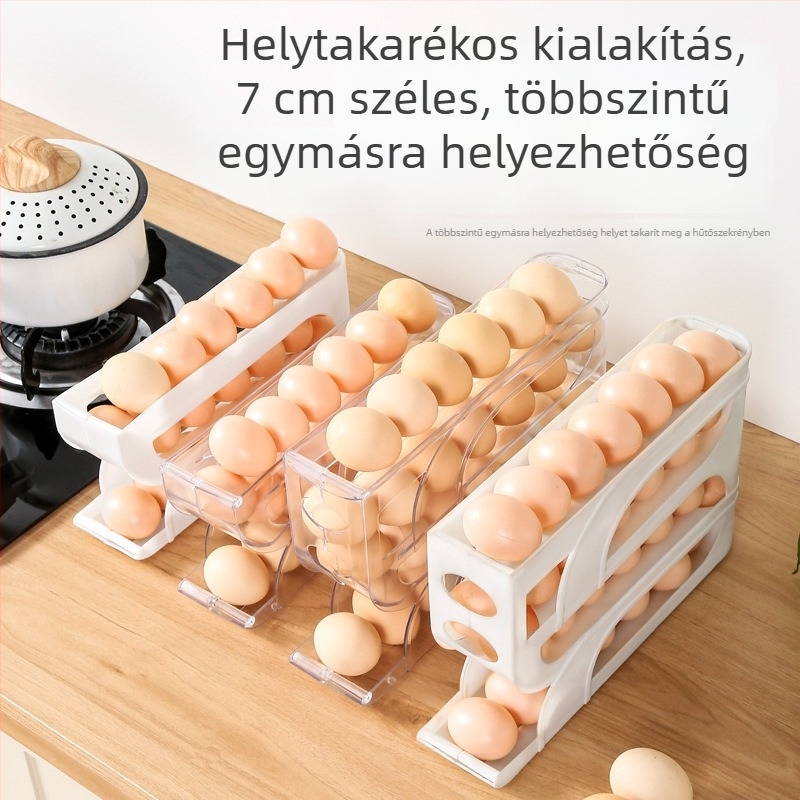 Négy szintes csúszó tojás tároló a hűtő oldalajtójához automata tojás gördítő mechanizmussal, konyhapult használatra, esés elleni védelem