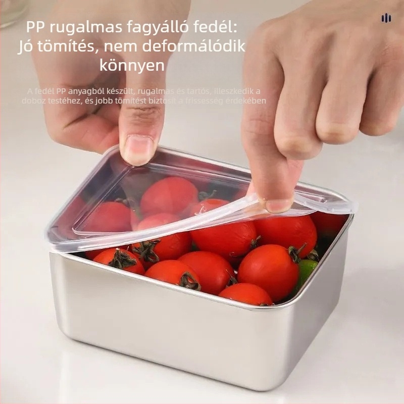 Rozsdamentes acél élelmiszer-tároló doboz, zárható, élelmiszer-minőségű, hőtes hűtőszekrényhez, gombócok és fagyasztott gyümölcsök számára, fedéllel, mintavételi tároló
