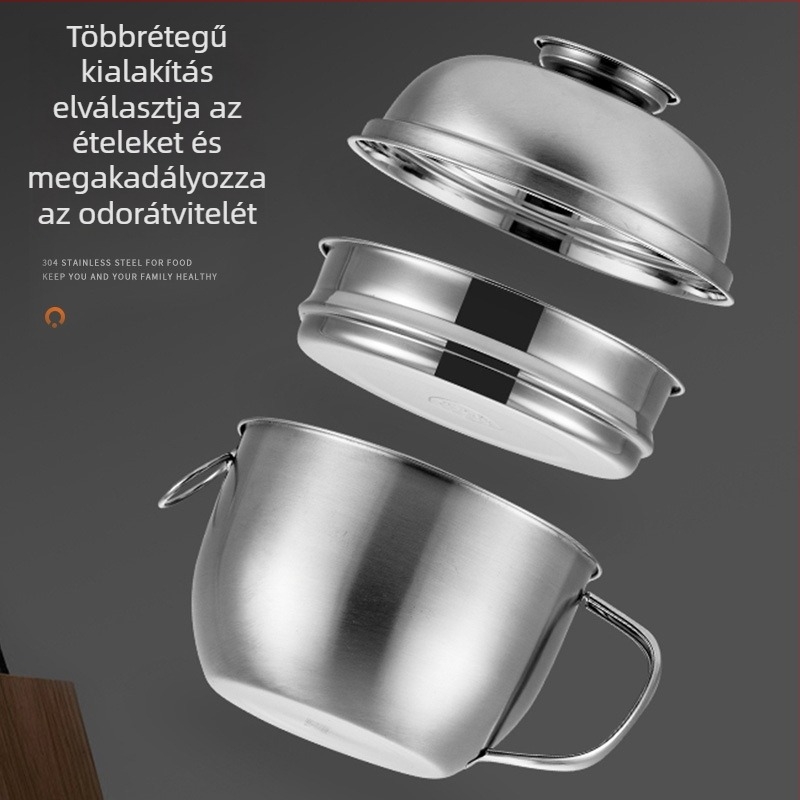 304 rozsdamentes acél ebédes doboz, kör alakú, kettős rétegű, több rekeszes, kapacitás 1–2 L