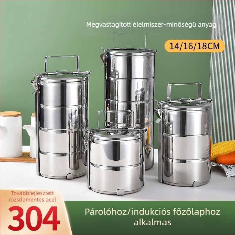 304 rozsdamentes acél ebédes doboz, többszintes rekeszekkel, nagy kapacitású, kör alakú, felnőktek és diákok számára.