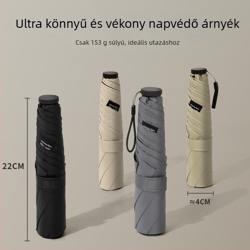 Összecsukható esernyő, 6 merevítés rostból, alumínium nyél, műanyag fogantyú, kézi nyitás/zárás, UV védelem UPF > 50