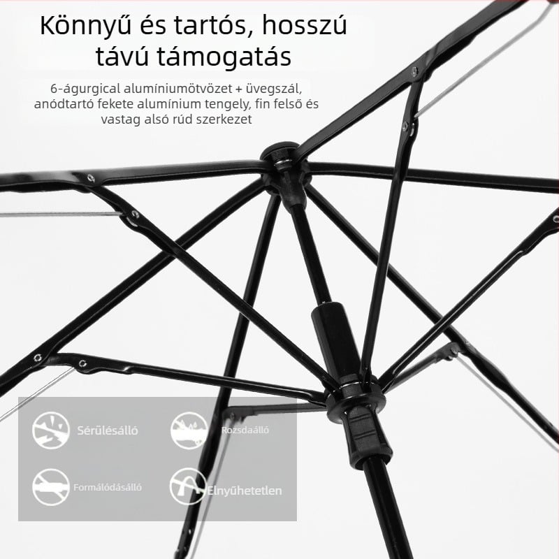 Összecsukható esernyő, 6 merevítés rostból, alumínium nyél, műanyag fogantyú, kézi nyitás/zárás, UV védelem UPF > 50
