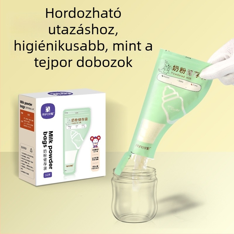 Safety tejpor tároló zacskók, egyszer használatosak, hordozhatóak anyatej és tápszer tárolására, 32 zacskó dobozonként, 0–3 éves korig