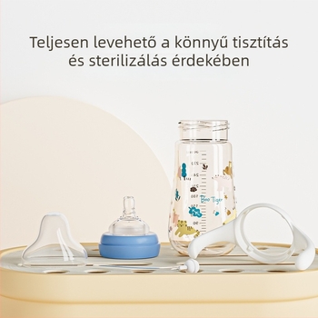 PPSU széles nyílású üveg, háromfunkciós, ívelt forma, fogantyúval, logó nyomtatás elérhető, 80/240/280 ml