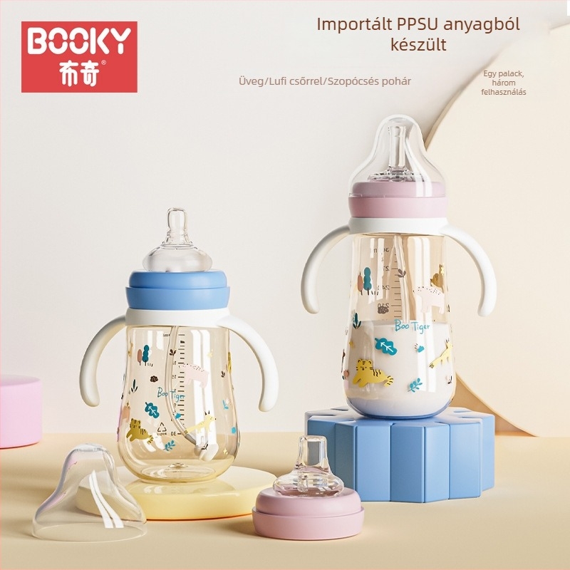 PPSU széles nyílású üveg, háromfunkciós, ívelt forma, fogantyúval, logó nyomtatás elérhető, 80/240/280 ml