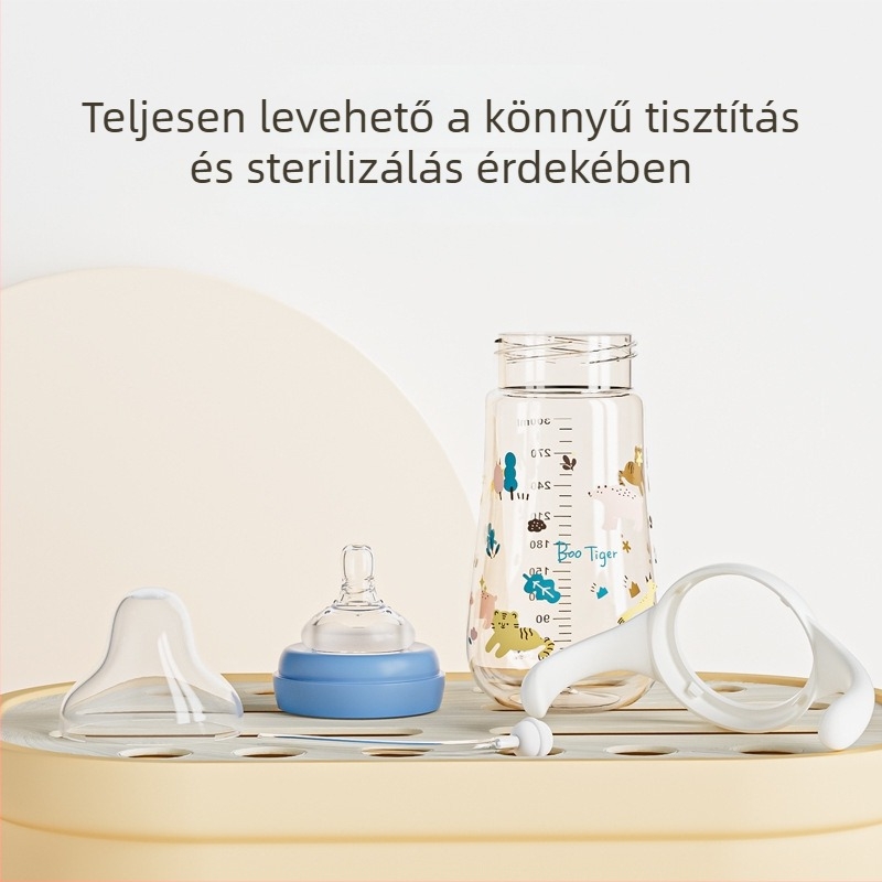 PPSU széles nyílású üveg, háromfunkciós, ívelt forma, fogantyúval, logó nyomtatás elérhető, 80/240/280 ml