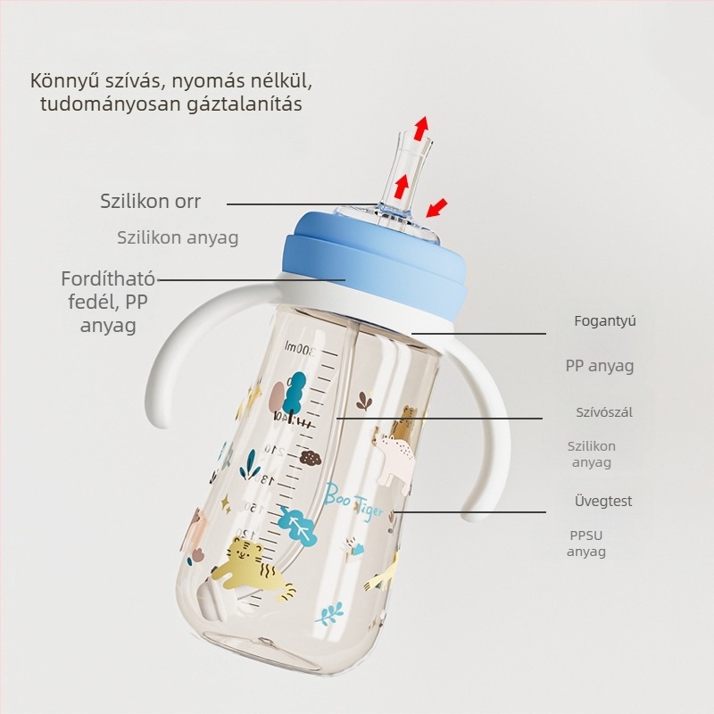 PPSU széles nyílású üveg, háromfunkciós, ívelt forma, fogantyúval, logó nyomtatás elérhető, 80/240/280 ml