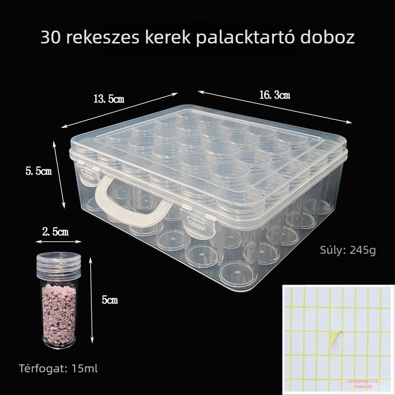 30 rekeszes kerek palacktároló doboz műanyagból, PP+PS, 1L, rekeszes rendező
