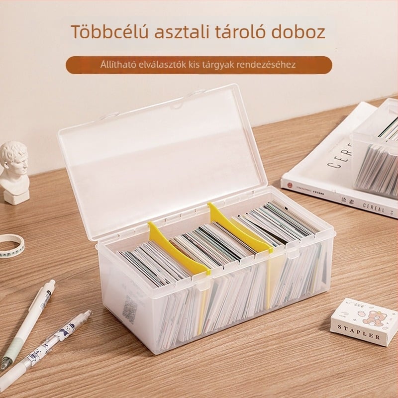 Téglalap alakú asztali tároló doboz fedéllel és rekeszekkel, PP anyag, modell D3472, kapacitás 1 L, egymásra rakható