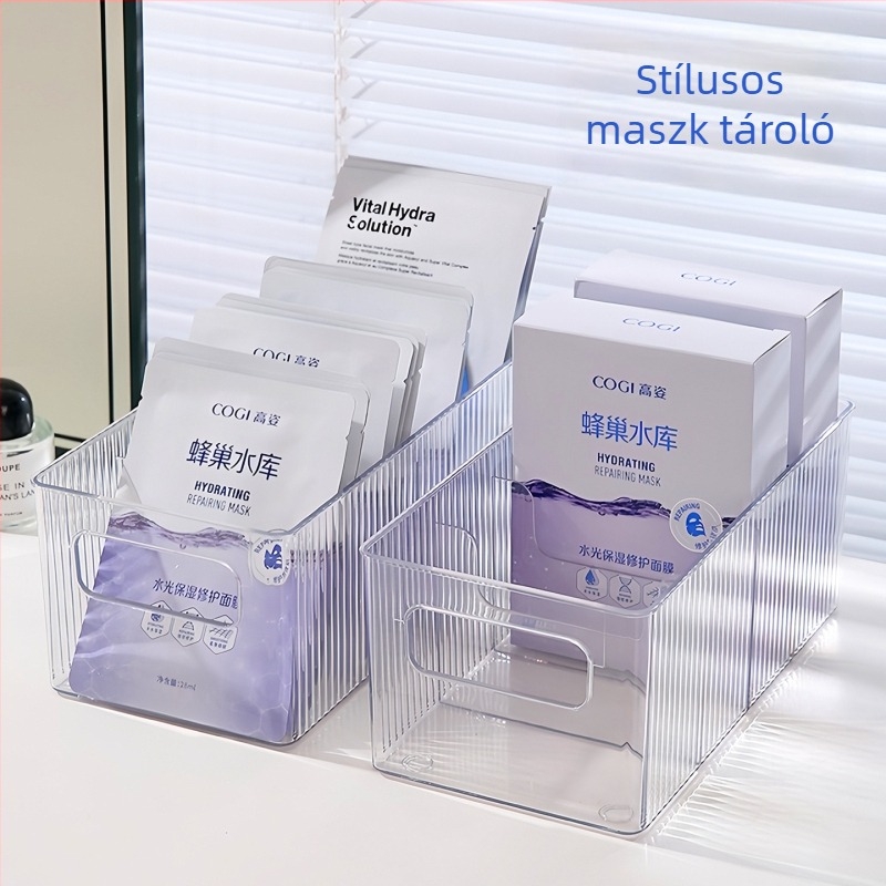Kozmetikai tároló doboz PET anyagból, N-122 modell, átlátszó asztali rendező rekeszekkel, 2 L kapacitás