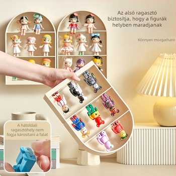 Falra szerelhető blind box tároló, fúrás nélkül, porvédett, Pop Mart babák és figurák számára