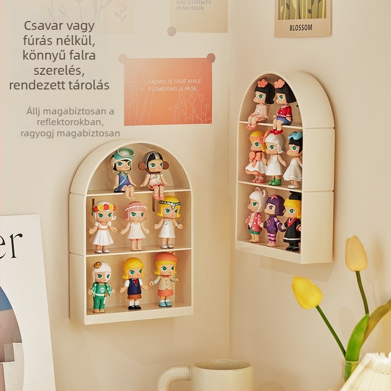 Falra szerelhető blind box tároló, fúrás nélkül, porvédett, Pop Mart babák és figurák számára