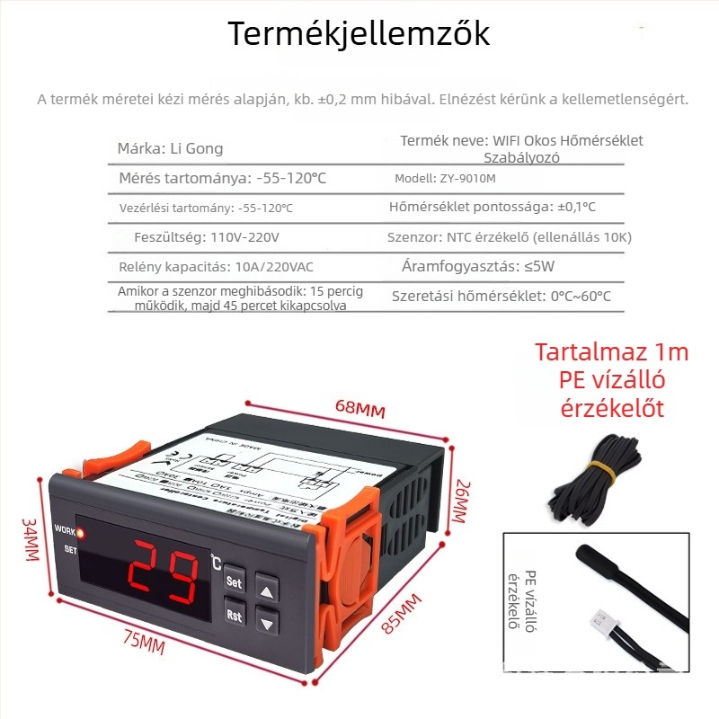 Beépített digitális WiFi termosztát fűtés-hűtéshez - ipari fagyasztó hőmérséklet-vezérlő kapcsoló, panelbe szerelve, 110-220V
