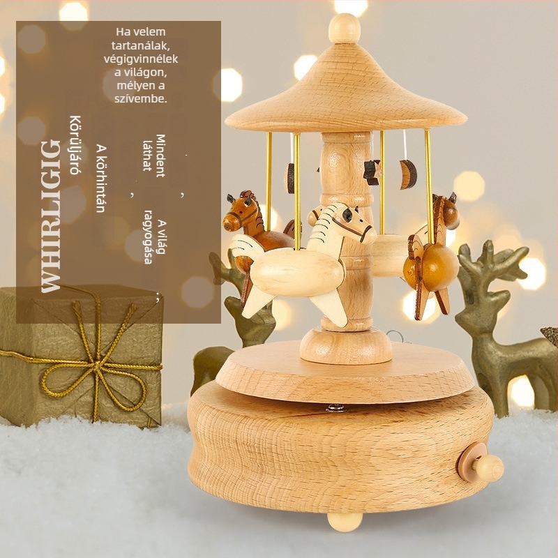 Fából készült zenélő doboz gyerekeknek, kézzel készített, modern minimalist stílus, logó nyomtatás lehetséges, karussell táncoló lány motívummal.