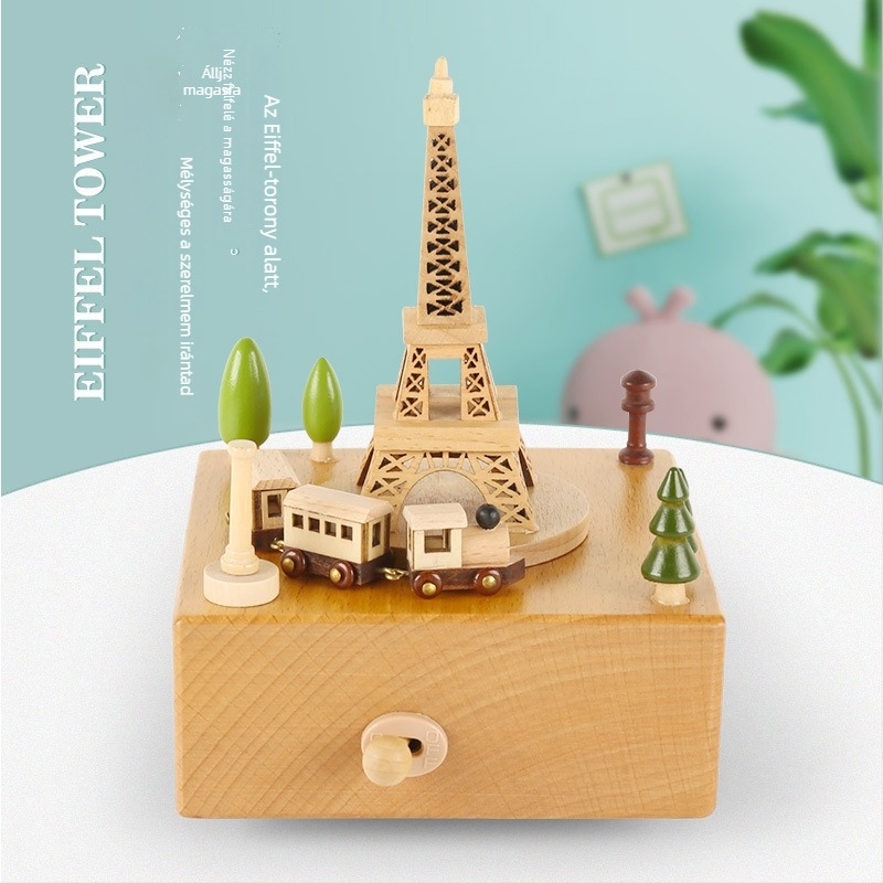 Fából készült zenélő doboz gyerekeknek, kézzel készített, modern minimalist stílus, logó nyomtatás lehetséges, karussell táncoló lány motívummal.